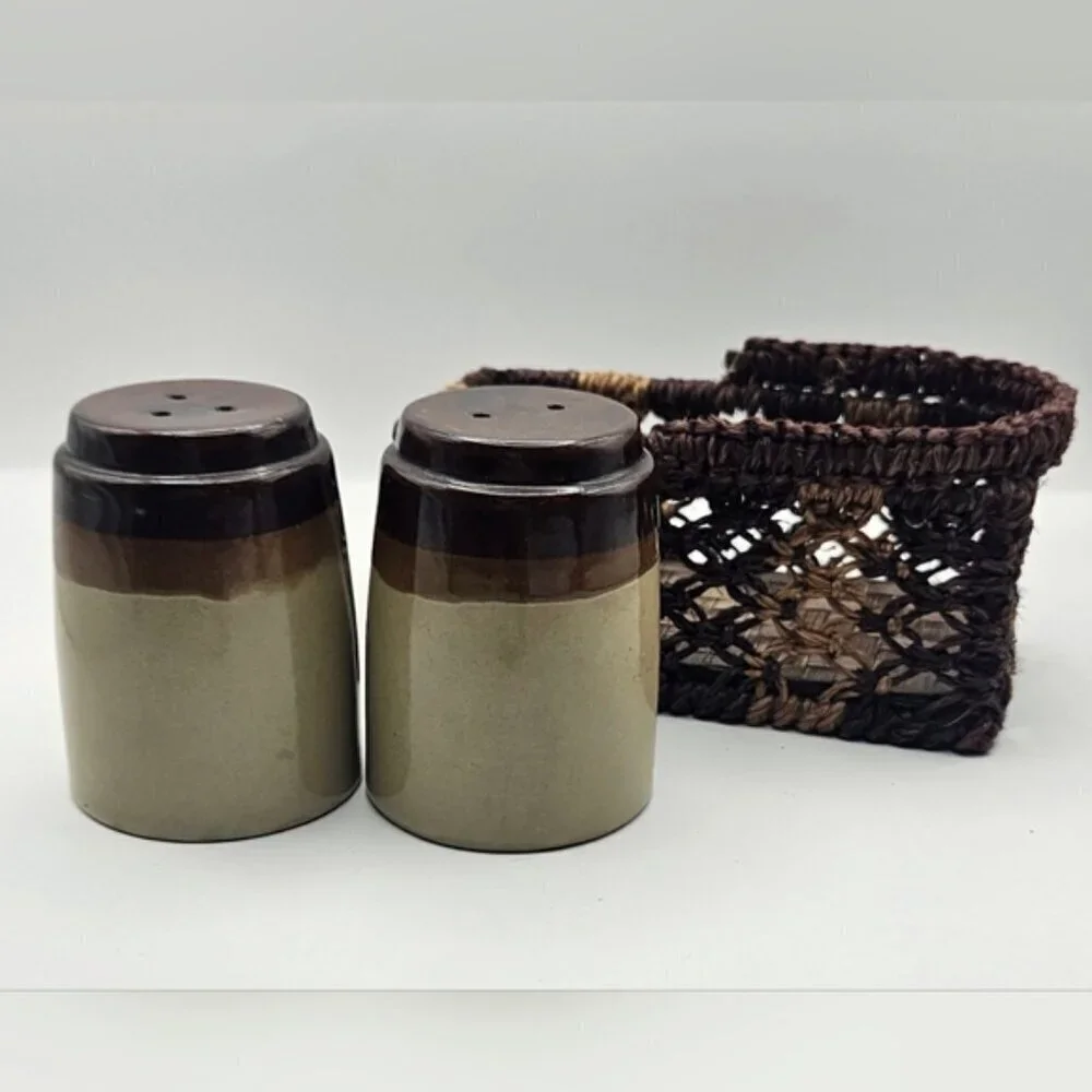 Vintage 1970's Salt & Pepper Shakers Stoneware Brown & Tan Complete with Wicker